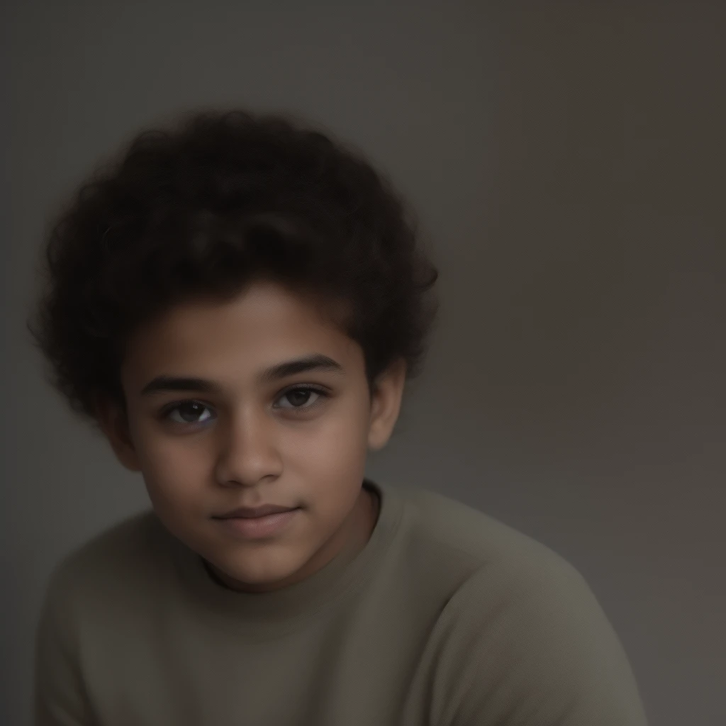 Create the image of a brown boy with olive skin. He has short, curly hair, with a mix of three distinct colors: black highlights, brown and blonde, distributed in different ways throughout the head. The highlights must be well defined, highlighting your hair&#39;s natural texture and curls, giving a modern and vibrant look. The boy must have a friendly face, with expressive eyes and a light smile, complementing your unique and colorful style. Several strands of his hair must vary in the colors already mentioned., 