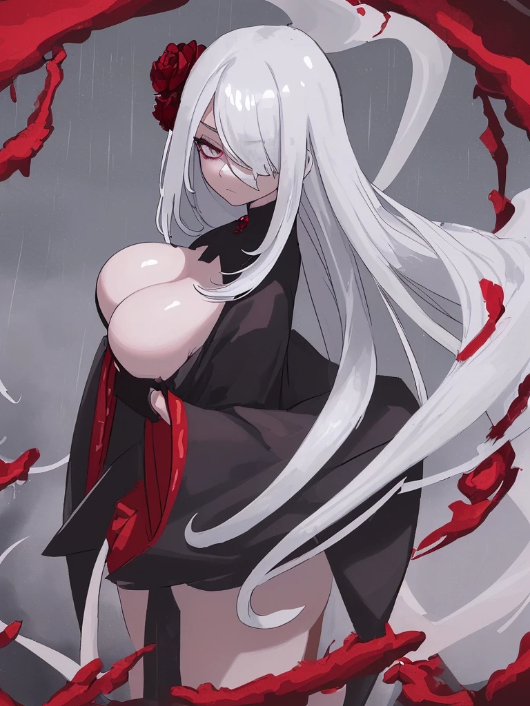 1 girl,standing alone,1 girl,standing alone,((beautiful detailed eyes)), (detailed light),Depth of field,(White hair),silver eyes,hair over one eye,(FLOWER RED ), hair flower,long hair,black robe,humida,Emotionless,Looking back,natta,looks stellar,raining,FOG,FLOWER REDs falling,outline,trunk,sombras intensas, orgasming face, hentai, big boobies, orgasming