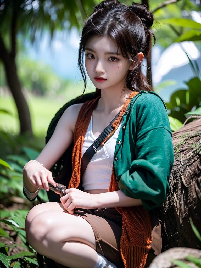 Chica linda como wang yiren, in jurassic park jurassic park with a little dinosaur.