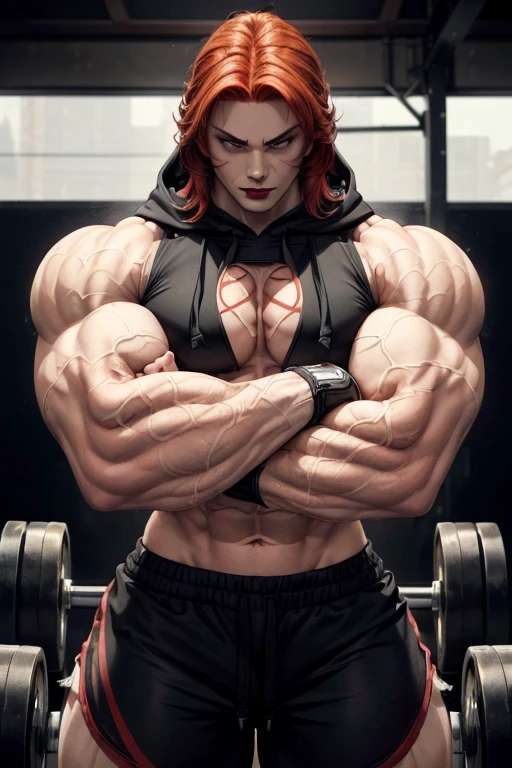 ((((Massive tall, beautiful, buff, pale white skinned muscular asian woman with red hair, black lipstick, ginormous bulky muscles, crossed arms, and wearing a white cropped hoodie with gym shorts)))), close view, massive muscle, massive biceps, hyper muscle shoulders, massive muscle arms, vascular shoulders, hyper muscle triceps, (long hair), yellow eyes, choker, sneakers, (crossed arms), in a hot outdoors gym, (fingerless gloves), closed smile, night, hyper vascular arm, hyper muscles arms, hyper muscle legs, massive arms.