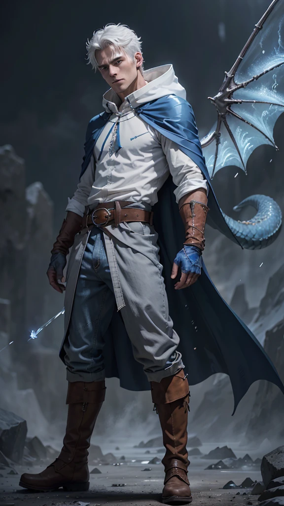 Design 1wizard man shooting a ice beam. Young man with a transparent hooded cape.Light gray hair Gray eyes Wearing a white button-down shirt Wearing blue pants Wearing a brown belt Wearing short brown boots Wearing blue gloves on your hands. epic.cinematografico. dragon wings