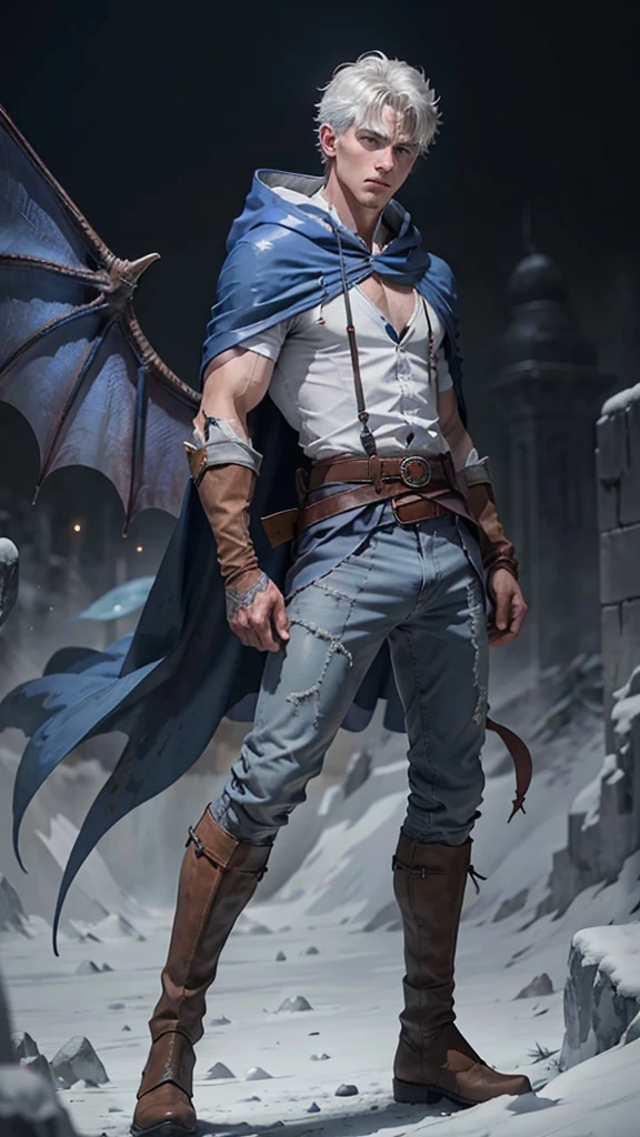 Design 1wizard man shooting a ice beam. Young man with a transparent hooded cape.Light gray hair Gray eyes Wearing a white button-down shirt Wearing blue pants Wearing a brown belt Wearing short brown boots Wearing blue gloves on your hands. epic.cinematografico. dragon wings
