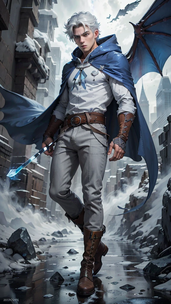 Design 1wizard man shooting a ice beam. Young man with a transparent hooded cape.Light gray hair Gray eyes Wearing a white button-down shirt Wearing blue pants Wearing a brown belt Wearing short brown boots Wearing blue gloves on your hands. epic.cinematografico. dragon wings