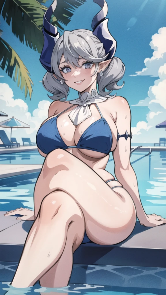 High level image quality best image quality 8K adult woman pool party sunset palm trees whole body view portrait bikini horn ears short hair((shortcut)(gray hair)(perm)(fluffy)) eye color is blue , attractive evil face , smile , sexy pose , labrynth , barearm , wearing white , looking up , sitting by the pool , crossed leg style in detailed , view foot arc , view from below