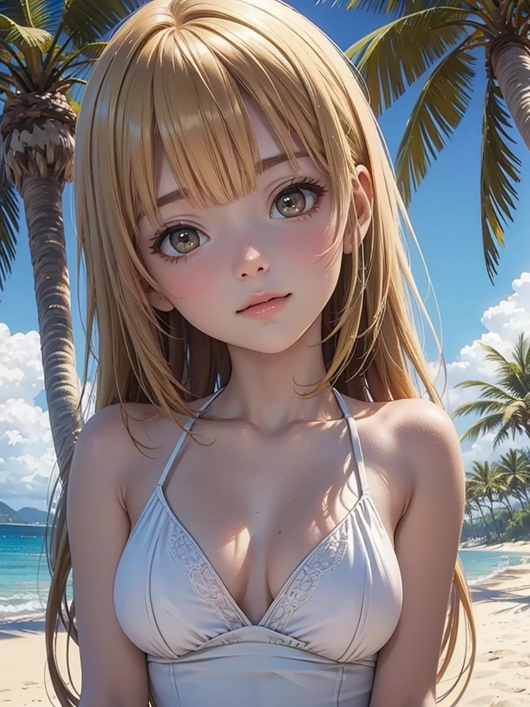 masterpiece, rich colors, Best quality, detailed, high resolution, Hyper quality, high detail, , high quality, detailing, skinny sexy girl on the beach , bright lighting , Brown eyes, Anime, palm trees, bright lighting, blonde,