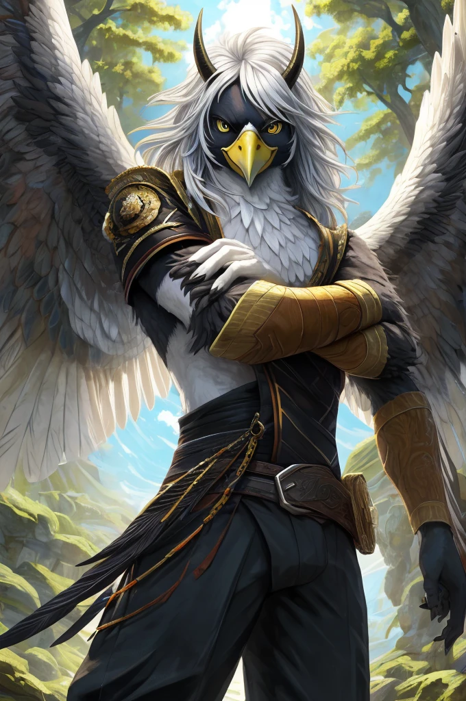 ultra-detailed, masterpiece, masterwork, high quality, best quality, hdr, (nature, japanese style), nsfw, male, solo, avian, (black pants, belt), (white little body crow), (long silver hair, beak, detailed yellow eyes, cool eyes), horn, dynamic angle, Hands and wings in one piece, cross your arms
