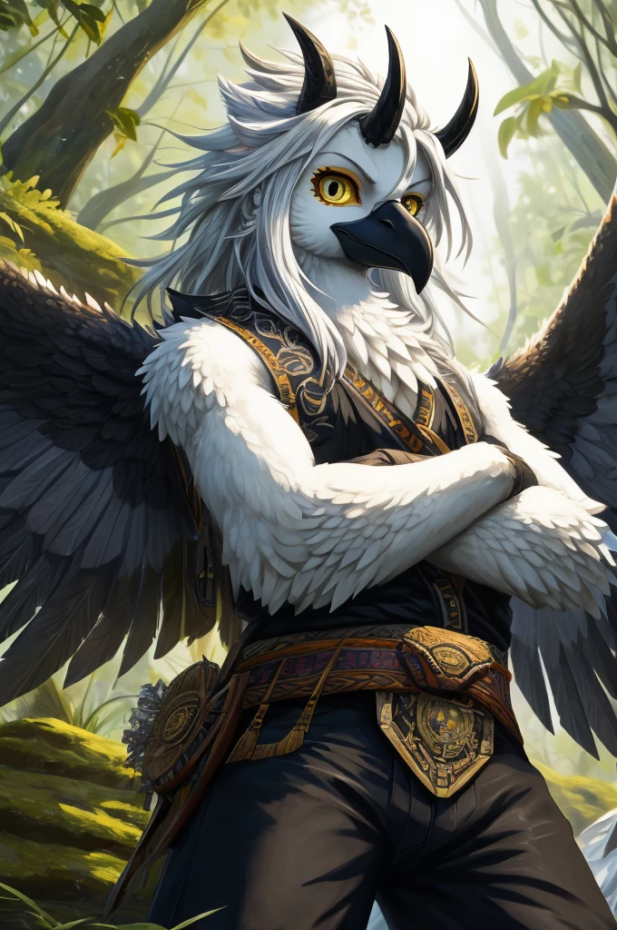 ultra-detailed, masterpiece, masterwork, high quality, best quality, hdr, (nature, japanese style), nsfw, male, solo, avian, (black pants, belt), (white little body crow), (long silver hair, beak, detailed yellow eyes, cool eyes), horn, dynamic angle, Hands and wings in one piece, cross your arms