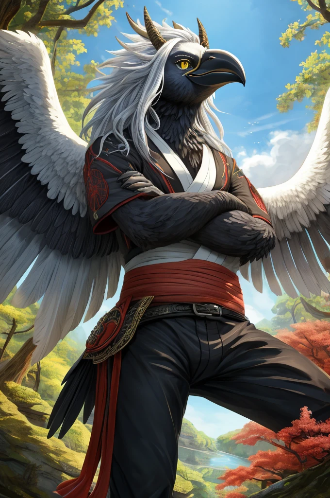 ultra-detailed, masterpiece, masterwork, high quality, best quality, hdr, (nature, japanese style), nsfw, male, solo, avian, (black pants, belt), (white little body crow), (long silver hair, beak, detailed yellow eyes, cool eyes), horn, dynamic angle, Hands and wings in one piece, cross your arms