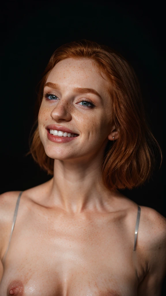 Super cute young Irish redhead girl with dark theme flash photography, short hair, thin nose and thin neck, freckles. pointed natural breasts with natural sagging, (hard nipples with realistic details, real skin, real nipples, epic nipple realism,), ((very small waist, slim body, thin and wide hips)), (full body), blue eyes , highly detailed eyes, realistic skin, epic realism, NSFW, lustful smile, seductive look, perfect teeth, realistic skin, epic realism, HDR: 1.5, epic skin detail, (8k, RAW photo, maximum quality),
