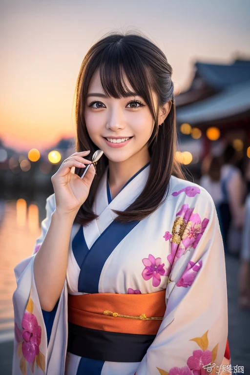 Looking into the camera,(((Highest quality, 8K, masterpiece))), Sharp focus, (Beautiful woman with perfect figure), thin, (Hairstyle: Excellent)), ((kimono: Cane)), street: 1.2 非常に詳細な顔と肌の質感 詳細な目 double eyelid ランダムなポーズ, (smile),sExcellenter cute Japan person,sExcellenter beauty Japanese girl, Realistic Face, double eyelid,smile,Summer festival , At sunset , Beautiful Teeth , Fireworks Background.