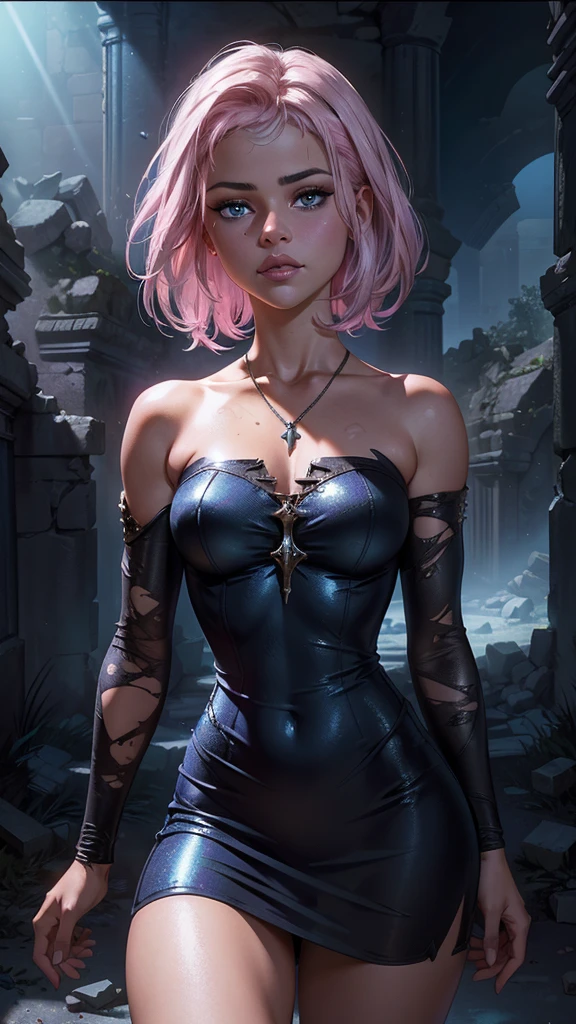 (La Best Quality,A high resolution,Ultra - detailed,actual),Selena Gomez xuer hologram Laser dress,Short pink and white hair,,(Ruined dungeon ruins background:1.4 ), More detailed 8K.unreal engine:1.4,UHD,La Best Quality:1.4, photorealistic:1.4, skin texture:1.4, masterpiece:1.8,first work, Best Quality,object object], (detailed face features:1.3),(The correct proportions),(Beautiful blue eyes),  (cowboy pose), Selena Gomez :1.4),( cinematic lighting :1.4) 
