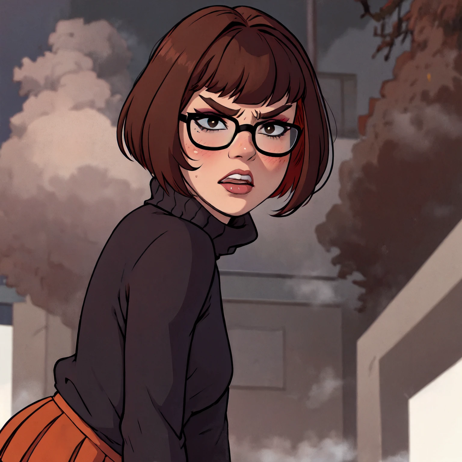 1girl, Velma from scooby-doo, solo, skinny, brown hair, black eyes, square glasses, orange turtleneck blouse and red skirt,  eyeliner, looking at viewer, lips, black bob cut, blunt bangs, blush, standing, upper body, face focus, outdoors, horror \(theme\), night, fog egirlmakeup, angry, backwards, looking back, terror background