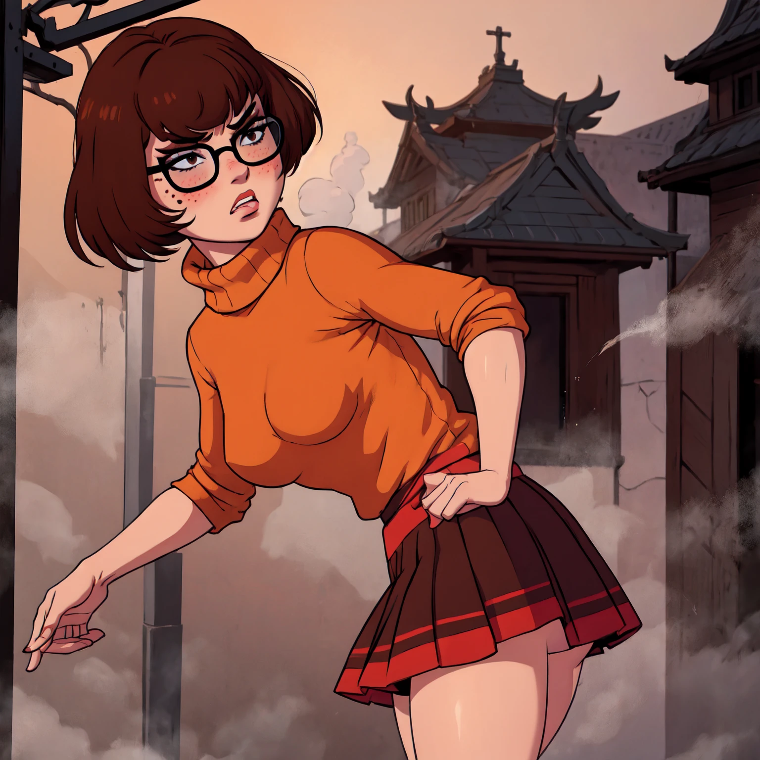 1girl, Velma from scooby-doo, solo, skinny, brown hair, black eyes, square glasses, orange turtleneck blouse and red skirt,  eyeliner, looking at viewer, lips, black bob cut, blunt bangs, blush, standing, upper body, face focus, outdoors, horror \(theme\), night, fog egirlmakeup, angry, backwards, looking back, terror background