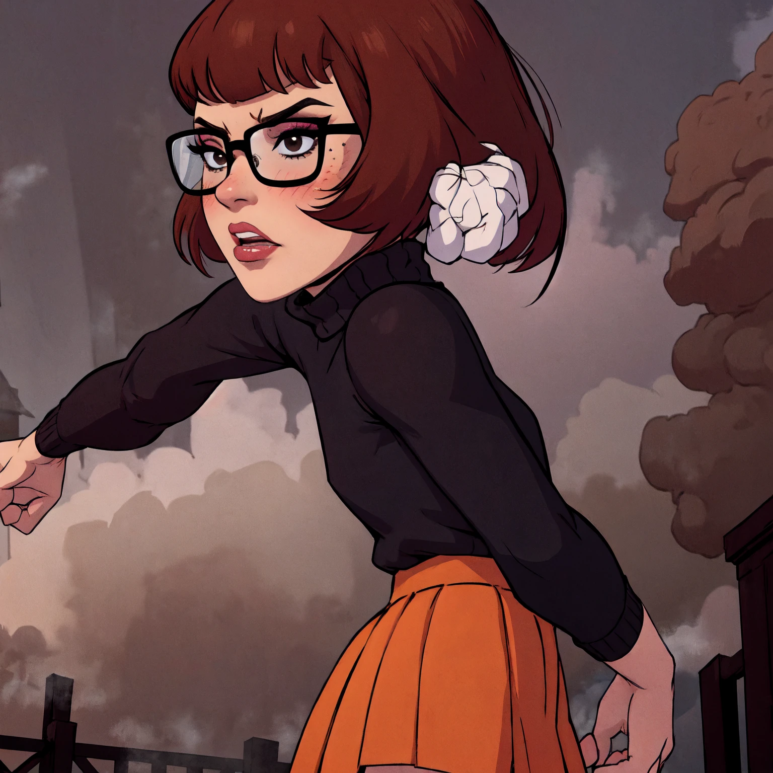 1girl, Velma from scooby-doo, solo, skinny, brown hair, black eyes, square glasses, orange turtleneck blouse and red skirt,  eyeliner, looking at viewer, lips, black bob cut, blunt bangs, blush, standing, upper body, face focus, outdoors, horror \(theme\), night, fog egirlmakeup, angry, backwards, looking back, terror background