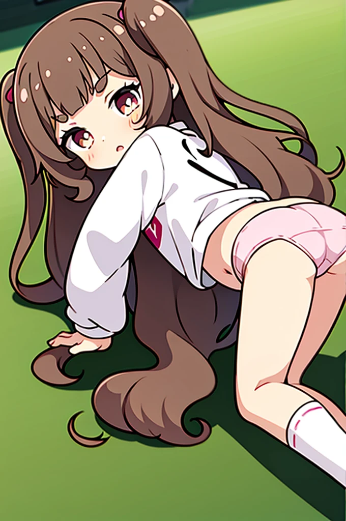 18 year old girl, large eyes, big eyelashes, thin eyebrows, half full cheeks, thick lips, curly brown hair, Brazilian long-sleeved football shirt with number 10, showing the ass, pink panties, long white socks, in pose on all fours