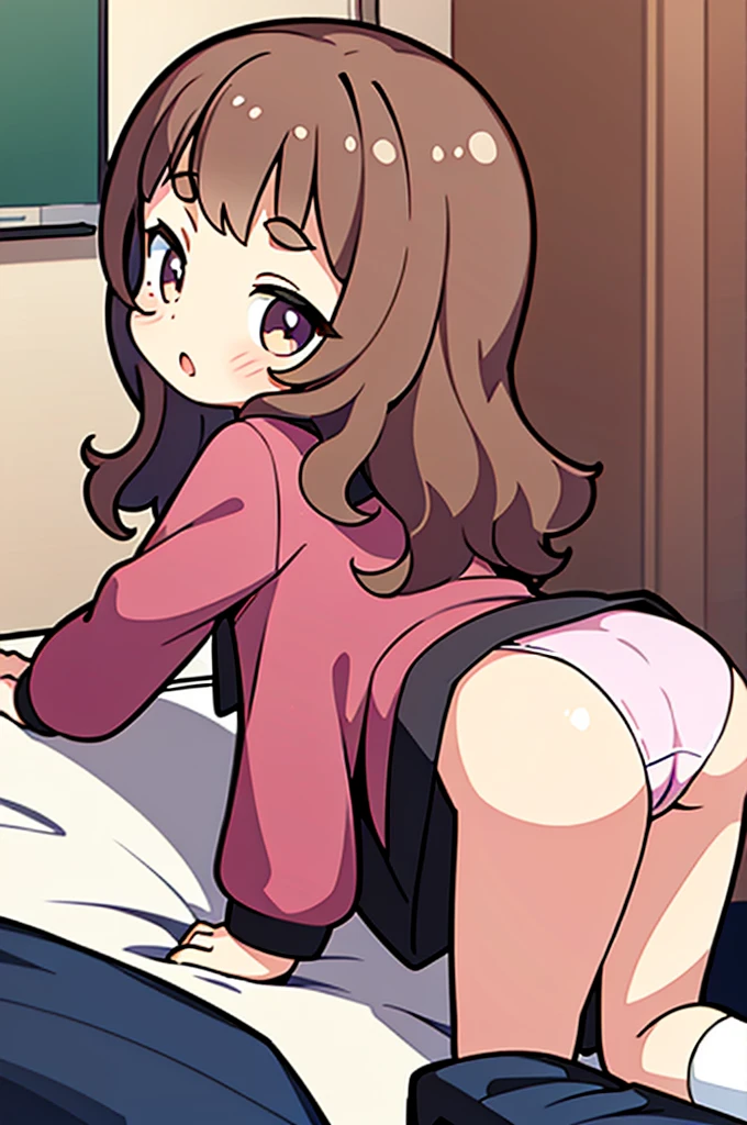 18 year old girl, large eyes, big eyelashes, thin eyebrows, half full cheeks, thick lips, curly brown hair, Brazilian long-sleeved football shirt with number 10, showing the ass, pink panties, long white socks, in pose on all fours