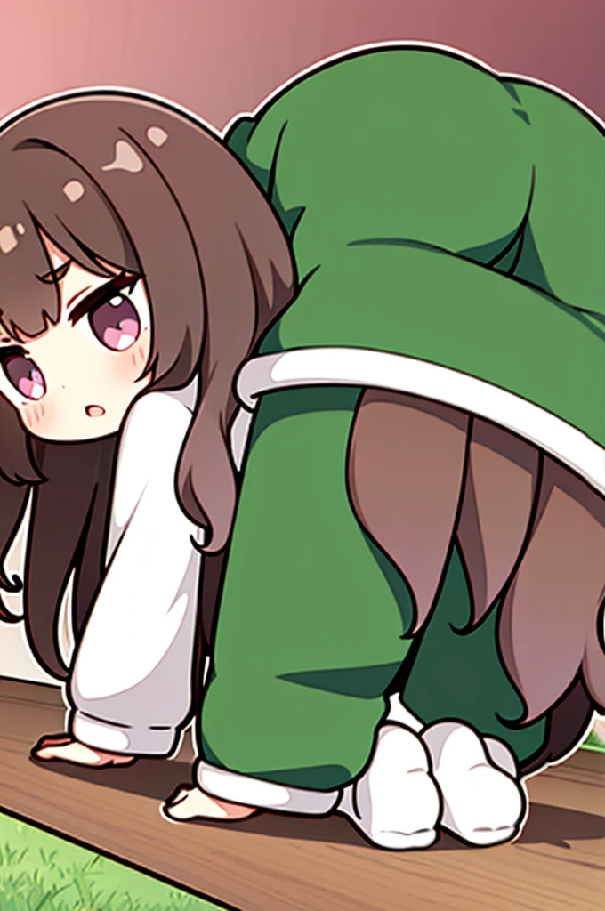18 year old girl, large eyes, big eyelashes, thin eyebrows, half full cheeks, thick lips, curly brown hair, Brazilian long-sleeved football shirt with number 10, showing the ass, pink panties, long white socks, in pose on all fours