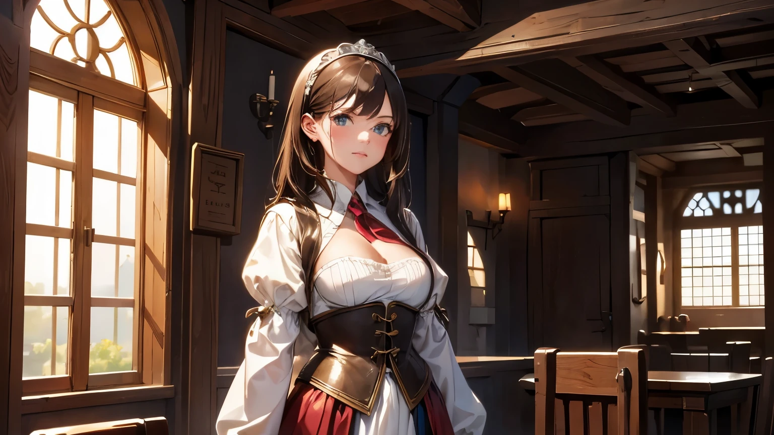 Very high quality, medieval style, beautiful girl standing in the guild tavern, only one