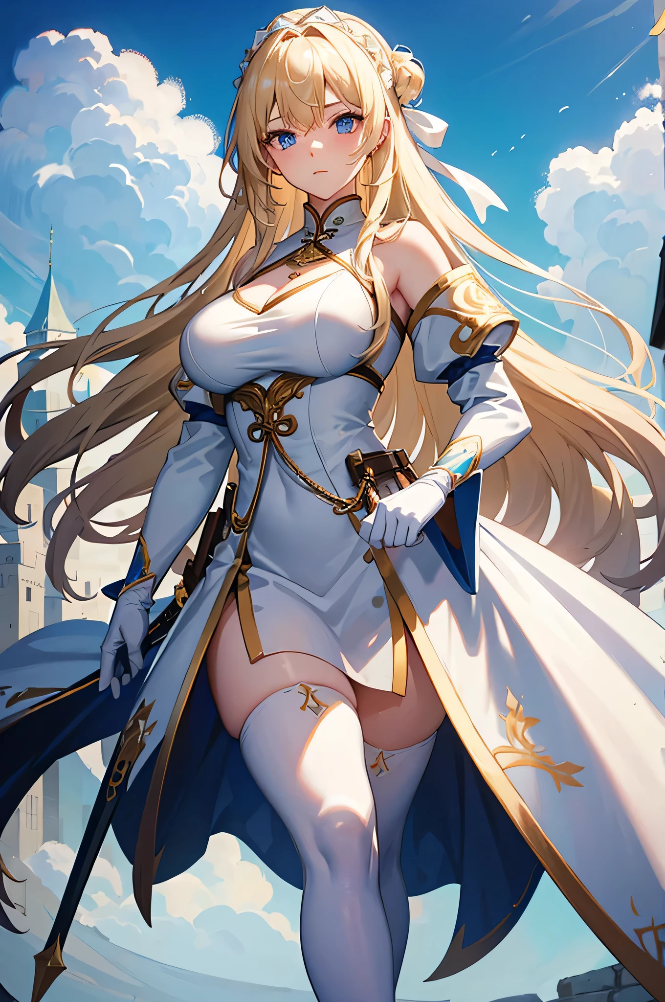 4K,High resolution,One Woman,Blonde,long hair,Blue Eyes,Big Breasts,Swordsman,White Chinese dress,Black tights,White shoes,White gloves,hair band,Jewelry decoration,Long sword,Medieval village