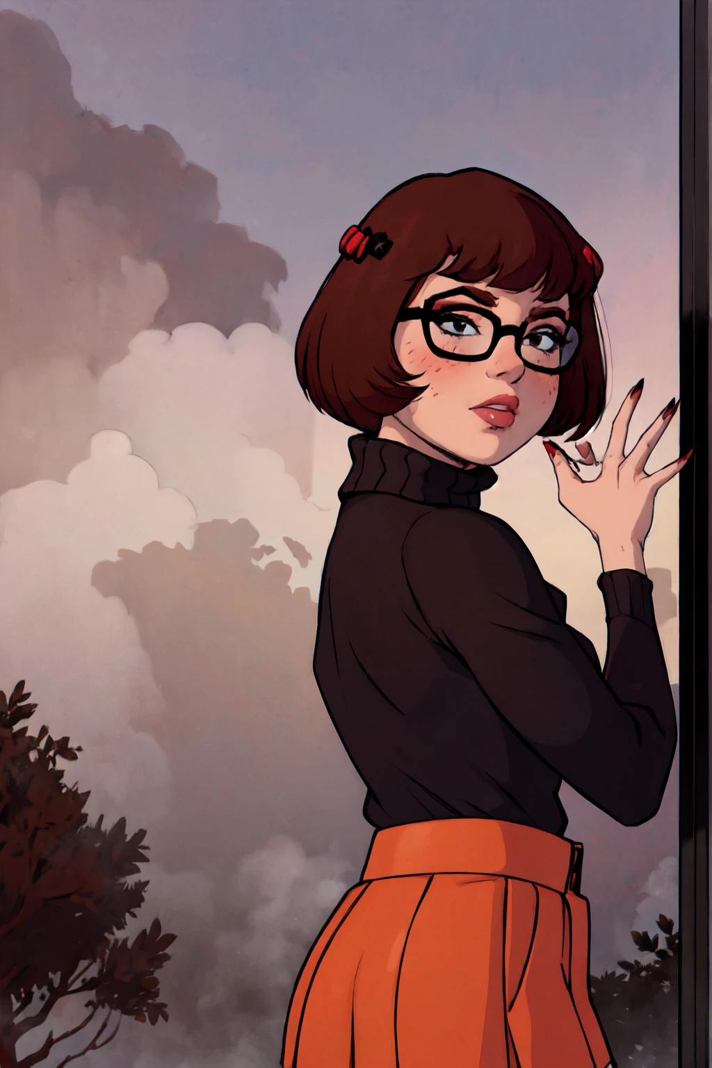 1girl, Velma from scooby-doo, solo, skinny, brown hair, black eyes, square glasses, orange turtleneck blouse and red skirt,  eyeliner, looking at viewer, lips, black bob cut, blunt bangs, blush, standing, upper body, face focus, outdoors, horror \(theme\), night, fog egirlmakeup, backwards, looking back,  van car