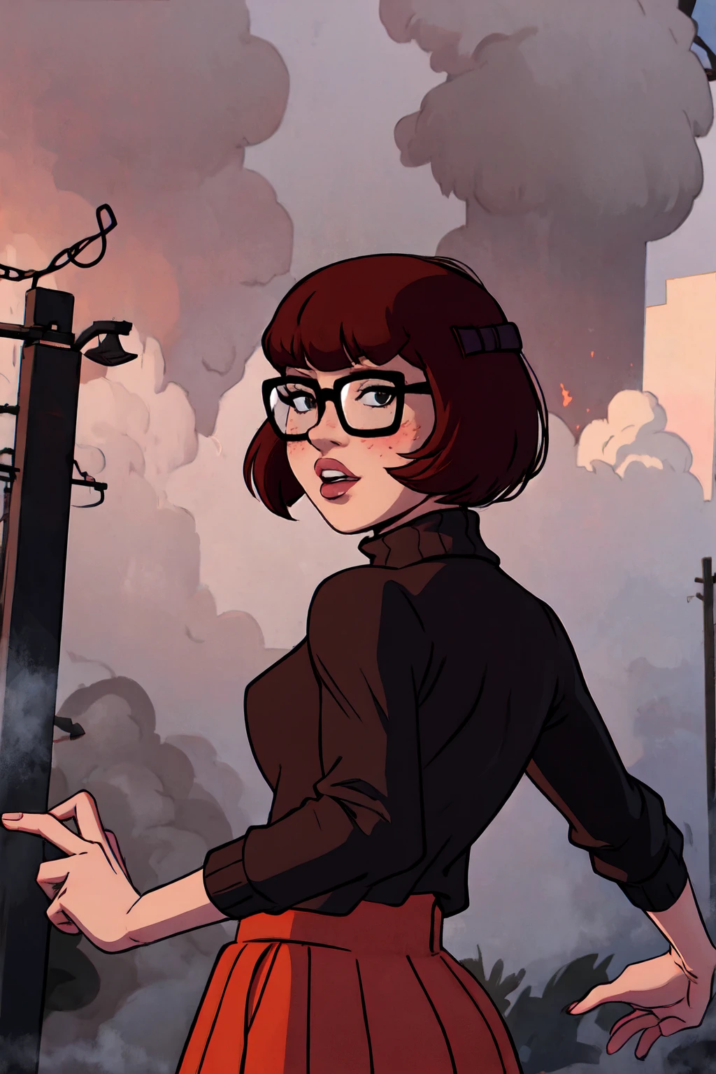 1girl, Velma from scooby-doo, solo, skinny, brown hair, black eyes, square glasses, orange turtleneck blouse and red skirt,  eyeliner, looking at viewer, lips, black bob cut, blunt bangs, blush, standing, upper body, face focus, outdoors, horror \(theme\), night, fog egirlmakeup, backwards, looking back,  van car