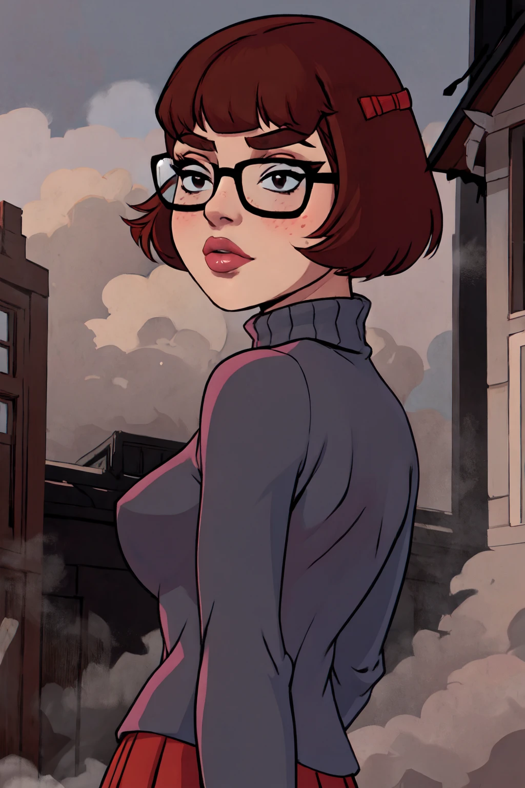 1girl, Velma from scooby-doo, solo, skinny, brown hair, black eyes, square glasses, orange turtleneck blouse and red skirt,  eyeliner, looking at viewer, lips, black bob cut, blunt bangs, blush, standing, upper body, face focus, outdoors, horror \(theme\), night, fog egirlmakeup, backwards, looking back,  van car