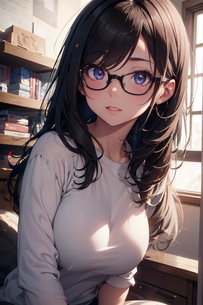1girl, beautiful detailed eyes, beautiful detailed lips, extremely detailed face and eyes, long eyelashes, sexy anime girl, huge breasts, wearing glasses, gray oversized sweater, laying on bed, bedroom, soft lighting, photorealistic, (best quality, 4k, 8k, highres, masterpiece:1.2), ultra-detailed, (realistic, photorealistic, photo-realistic:1.37), HDR, UHD, studio lighting, ultra-fine painting, sharp focus, physically-based rendering, extreme detail description, professional, vivid colors, bokeh, dark long hair, brown eyes