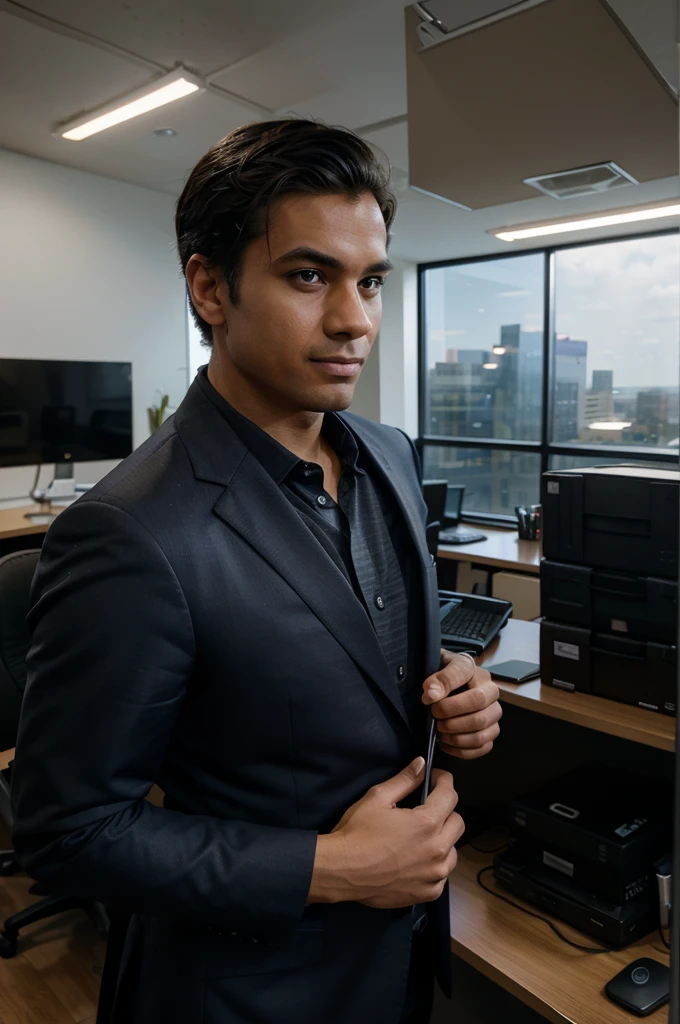A salesman, engaged in a phone conversation, stands in a brightly lit, modern office. His expression is focused and professional. The background includes desks and office equipment, adding to the business environment. The composition is a medium shot, capturing his upper body and surroundings.