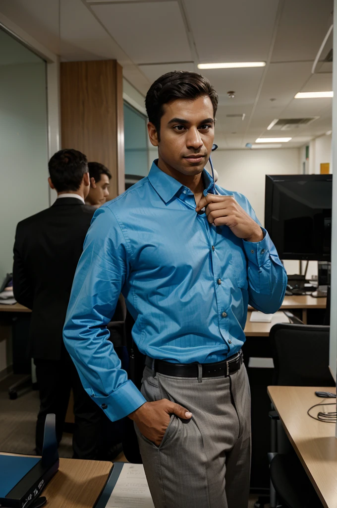 A salesman, engaged in a phone conversation, stands in a brightly lit, modern office. His expression is focused and professional. The background includes desks and office equipment, adding to the business environment. The composition is a medium shot, capturing his upper body and surroundings.