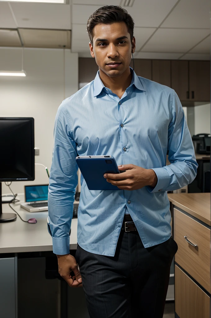 A salesman, engaged in a phone conversation, stands in a brightly lit, modern office. His expression is focused and professional. The background includes desks and office equipment, adding to the business environment. The composition is a medium shot, capturing his upper body and surroundings.