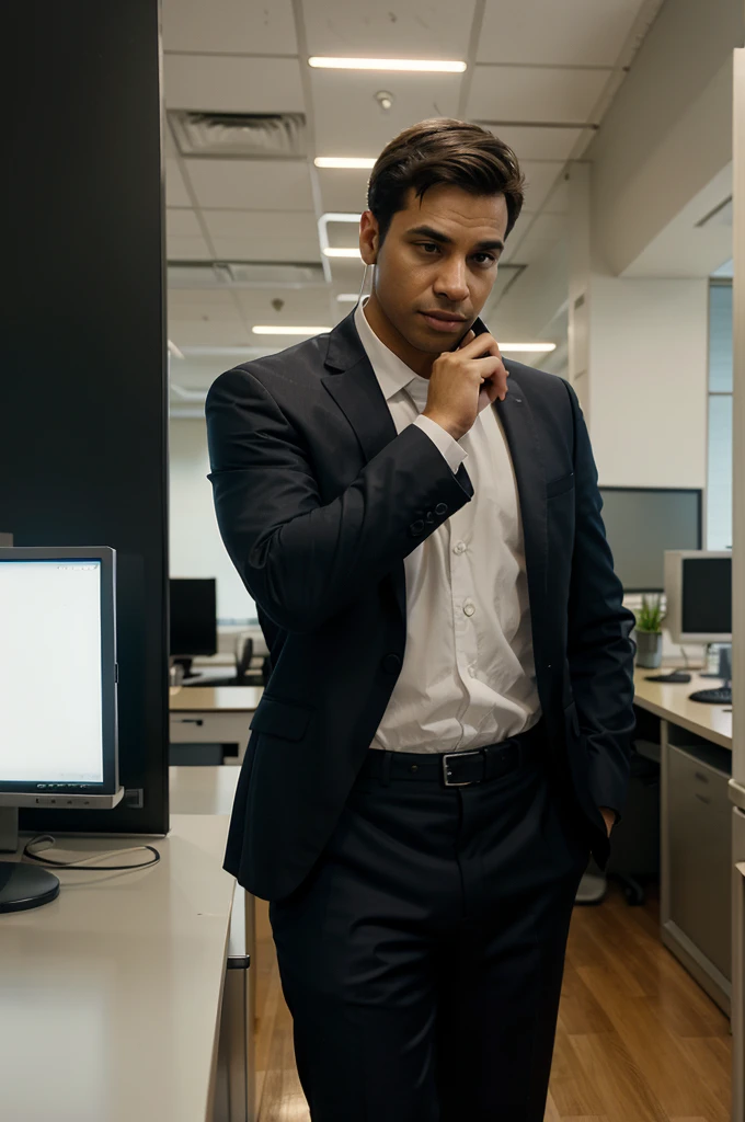 A salesman, engaged in a phone conversation, stands in a brightly lit, modern office. His expression is focused and professional. The background includes desks and office equipment, adding to the business environment. The composition is a medium shot, capturing his upper body and surroundings.
