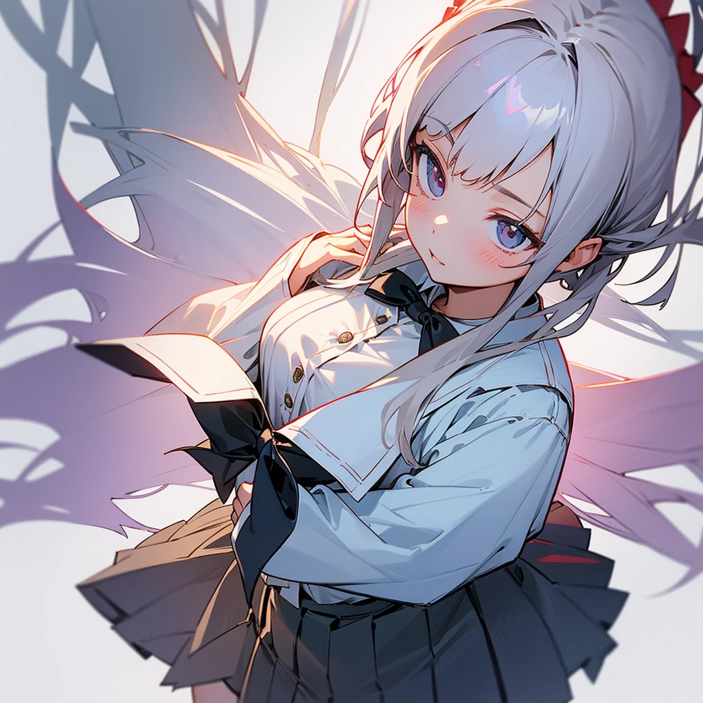 Please draw an illustration of a school girl wearing a white blouse.。The third button on the blouse is undone、Composition from above