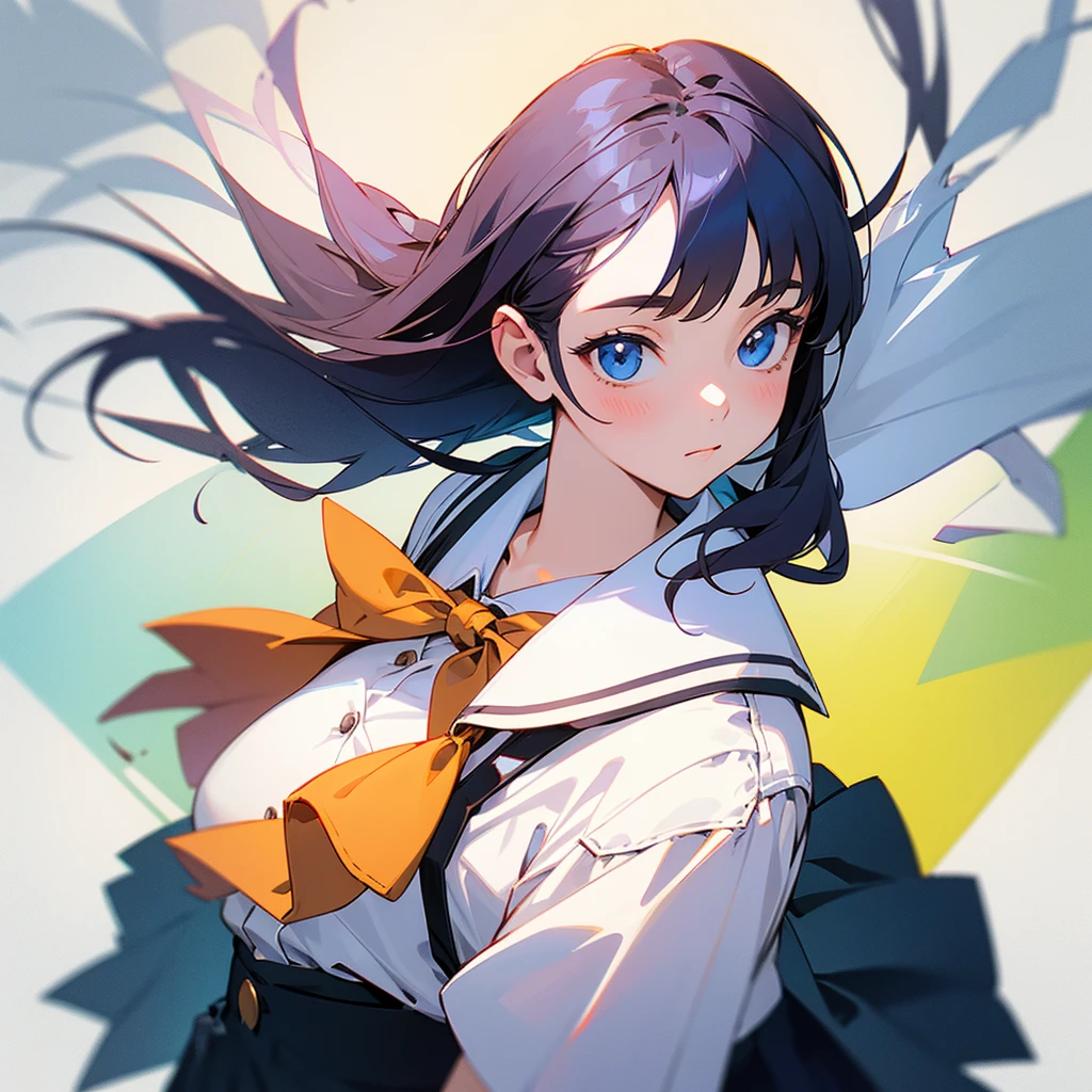 Please draw an illustration of a school girl wearing a white blouse.。The third button on the blouse is undone、Composition from above