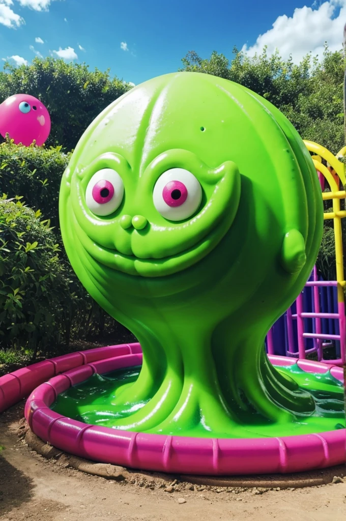 slimey the slime monster, cute, kid friendly, no creepy, for slime theme park