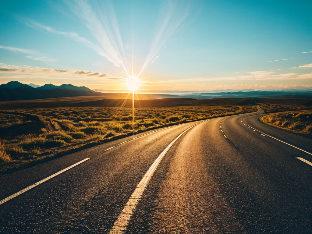 Long Image, Winding rod(The winding road)，Spacious road，Bright light leading to the horizon,Sun beam