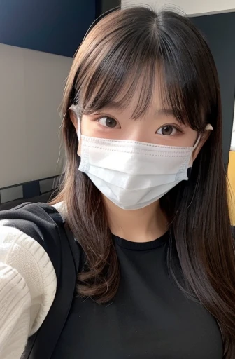 Shortcuts、((Please wear a black long sleeve top))、((Selfie style in my room)),((student))、((Very young))、((very cute))、((So adorable))、((Please wear a black non-woven mask....)),Highest quality, masterpiece, Ultra-high resolution, (Realistic:1.4), RAW Photos, Very detailed, Perfect Anatomy, 1 girl, 18-year-old, Famous idols of Japan, Front view, Crotch close-up,, ((Accentuate your breasts))