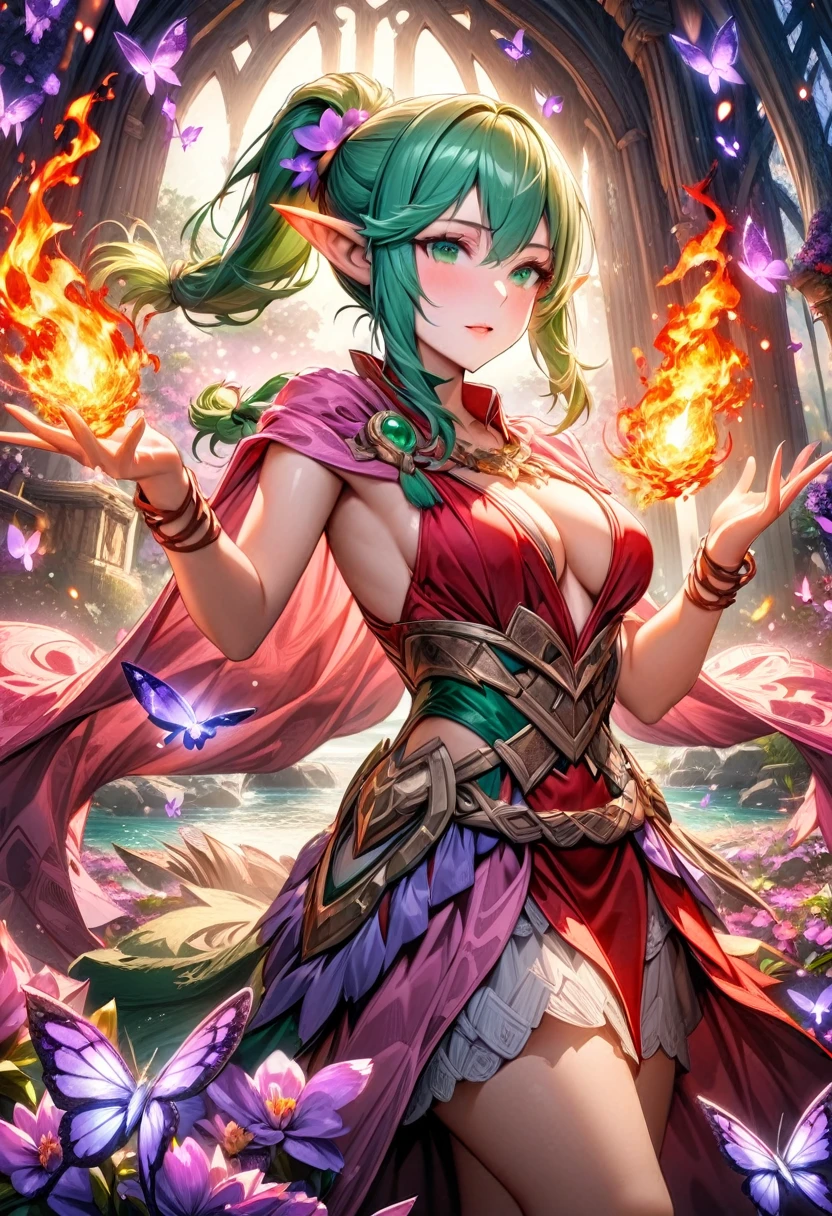 absurdres, highres, ultra detailed, HDR, master piece, best quality, Tiki, green hair tied in a ponytail, expressive green eyes, fire emblem awakening, solo, woman, beautiful, red clothes, pink cape, slightly pointed ears, magical, fantasy, shining, water, purple flowers, purple blossoms, purple butterflies, purple petals