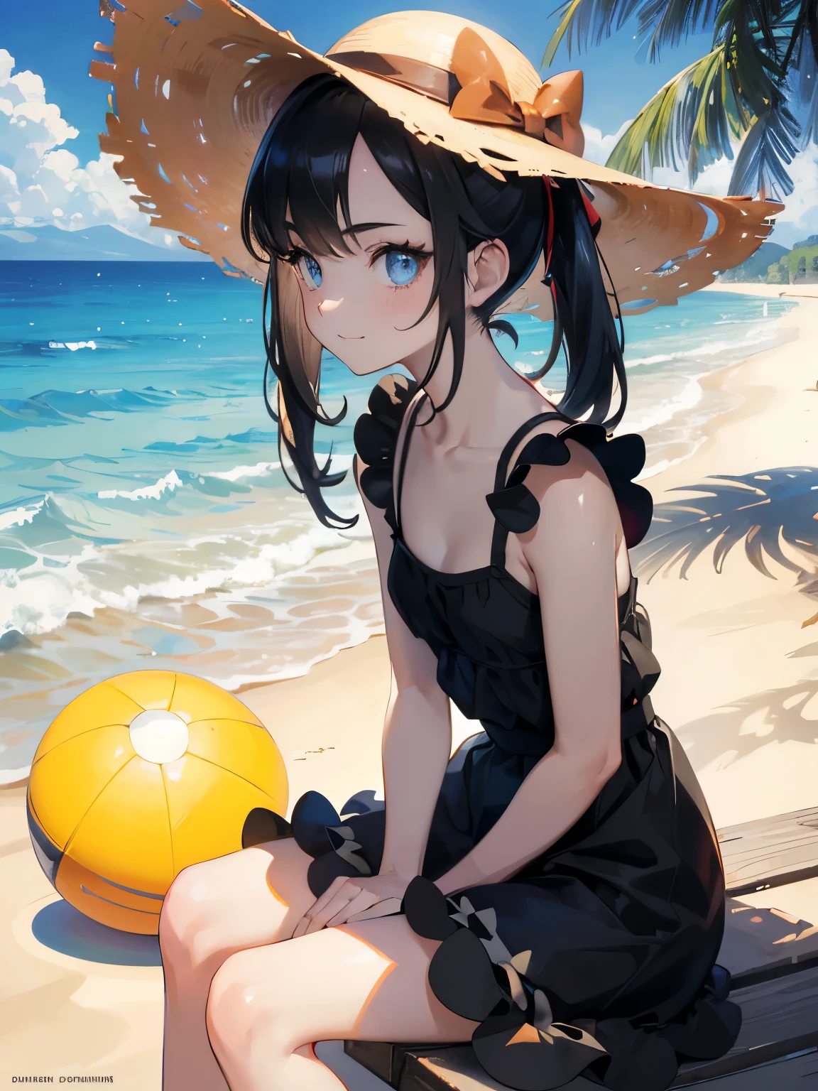 solo, (marnie pokemon), ((masterpiece)),((high resolution)), ((best quality)), extremely fine and beautiful, super fine illustration, (realistic skin), (insanely detailed anime eyes), detailed face, vivid and beautiful, shocking sensation, incredibly detailed, beautiful detailed girl, front view, facing at viewer, profile, perfect shadow, realistic lighting shaded, (black hair), ()), (white sundress), (small breast), (beach background), (sun hat), (smile), (shy), (sitting), (sit at shadow), (beach ball), (short pigtails hair)