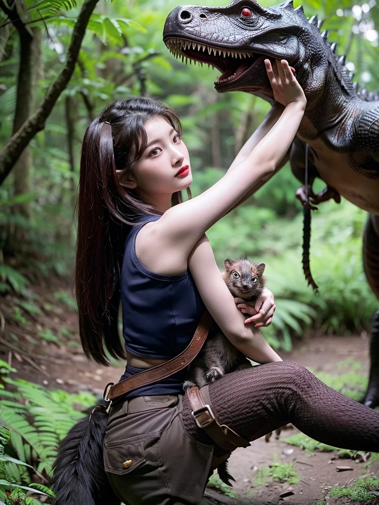 Chica linda como wang yiren, in jurassic park jurassic park with a little dinosaur.
