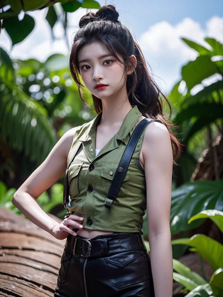 Chica linda como wang yiren, in jurassic park jurassic park with a little dinosaur.