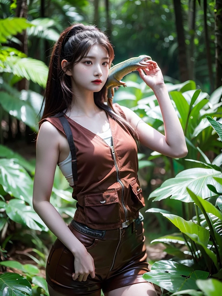 Chica linda como wang yiren, in jurassic park jurassic park with a little dinosaur.