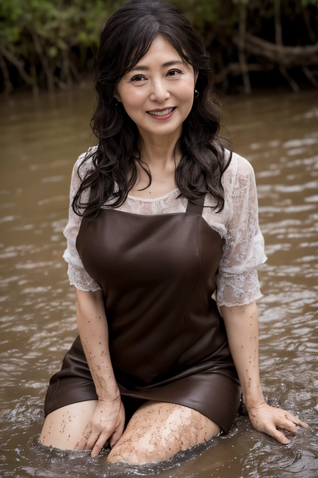 Aunt in Osaka、Organic Photography、best quality、masterpiece、Ultra-high resolution、Beautiful Japanese old lady、60 years old、looking at the audience、Elegant face、Toothy Smile、Large Breasts、wearing a modest dress、Wavy Hair、mini skirt、Hot Pants, Hands on chest，In the mud，Lots of mud and water，Background blur