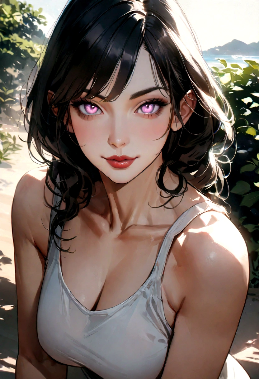 最high quality, In 8K, Masseter muscle area, Lifelike, Sharp focus, high quality, High resolution, Detailed face, Detailed eyes, Thick lips, (Look at the viewers), solo, Middle-aged women, Beautiful woman、55 years old, plum, Beautifully styled hair, , Afternoon in the garden smile Japanese、Tank top、Beach