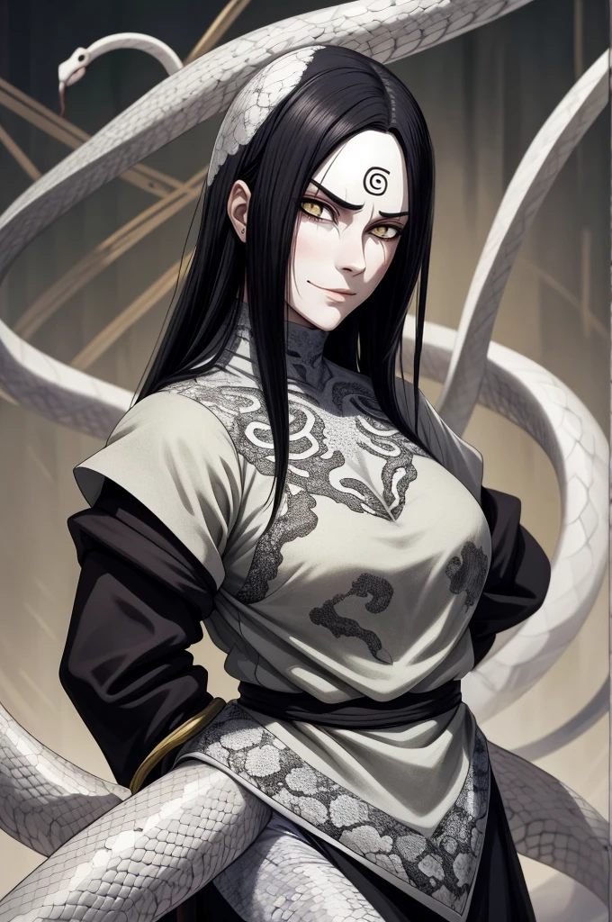 {-erro_de_anatomia:1.0} estilo anime, Masterpiece, absurdities, Orochimaru\(Naruto\), 1girl Solo, Mature woman, Oversized shirt with broad shoulders, Perfect composition, Detailed lips, large breasts, Beautiful face, body proportion, Blush, Long black hair, ( black hair), yellow eyes, Soft gauze, Super realistic, Detailed, photo shoot, Realistic faces and bodies, masterpiece, best quality, best ( white snake) illustration, hyper detailed, 1 girl, solo, glamorous, blushing, whole body,