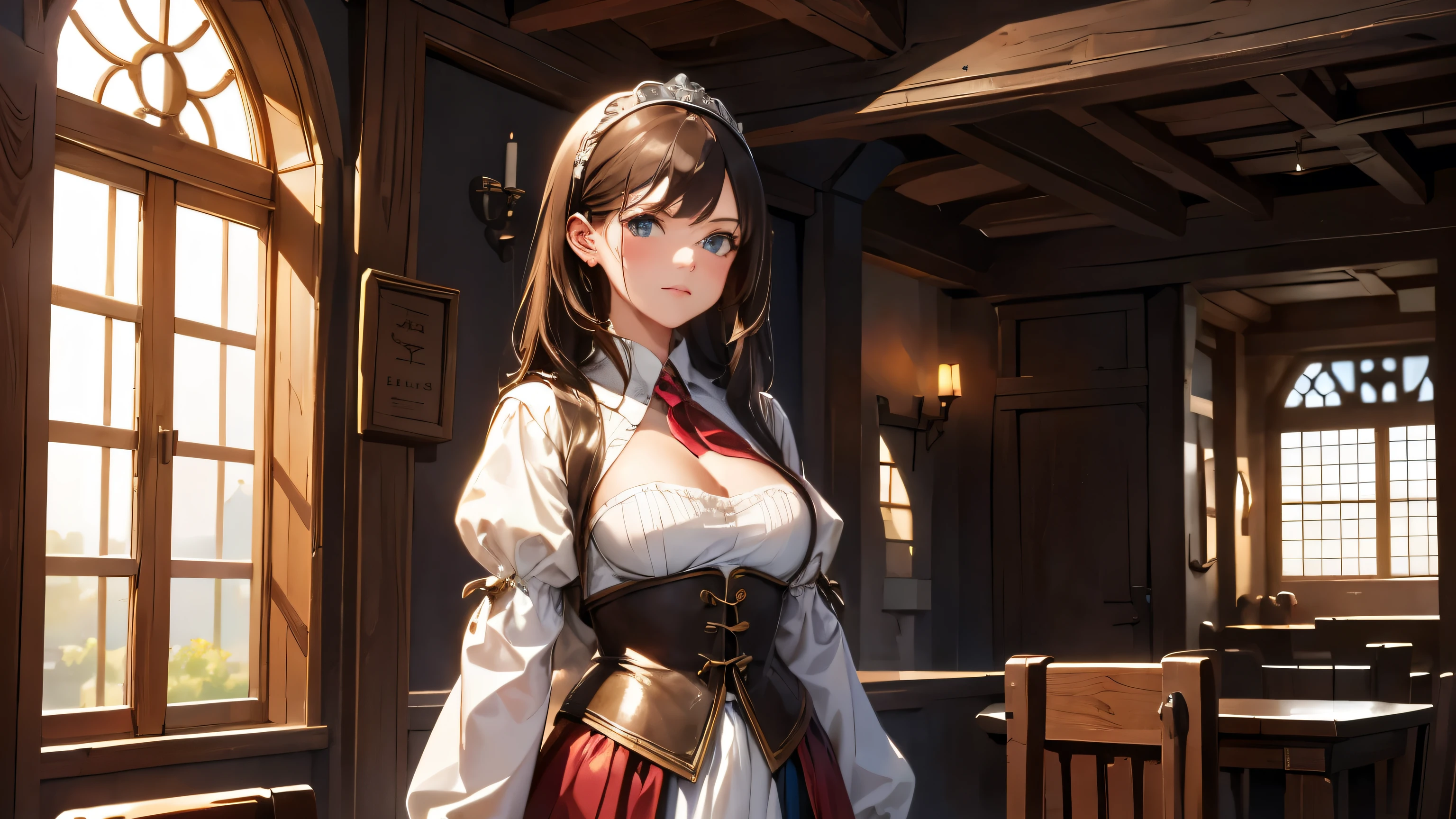 Very high quality, medieval style, beautiful girl standing in the guild tavern, only one