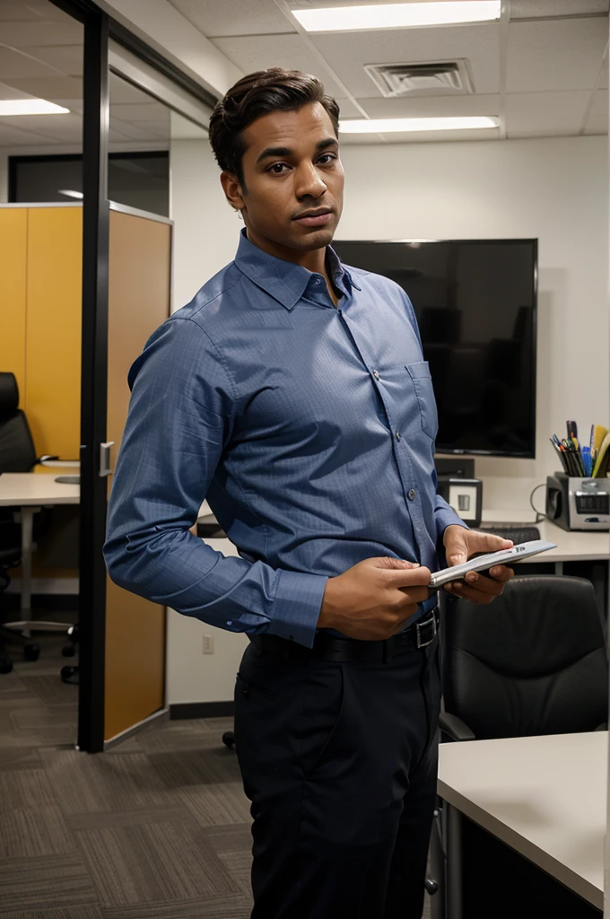 A salesman, engaged in a phone conversation, stands in a brightly lit, modern office. His expression is focused and professional. The background includes desks and office equipment, adding to the business environment. The composition is a medium shot, capturing his upper body and surroundings.