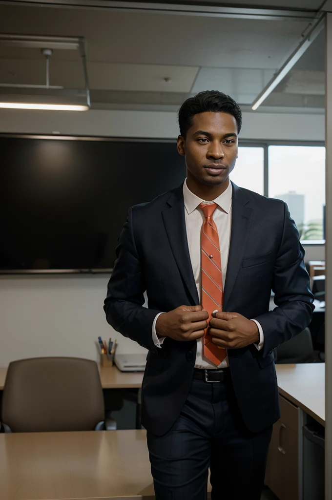 A salesman, engaged in a phone conversation, stands in a brightly lit, modern office. His expression is focused and professional. The background includes desks and office equipment, adding to the business environment. The composition is a medium shot, capturing his upper body and surroundings.