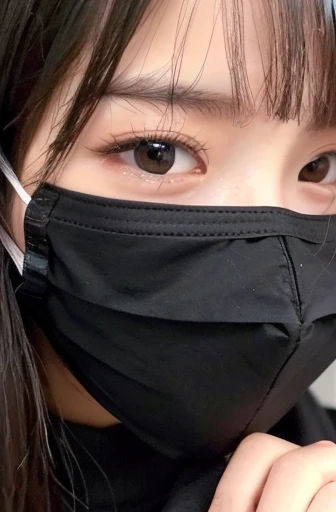 Shortcuts、((Please wear a black long sleeve top))、((Selfie style in my room)),((student))、((Very young))、((very cute))、((So adorable))、((Please wear a black non-woven mask....)),Highest quality, masterpiece, Ultra-high resolution, (Realistic:1.4), RAW Photos, Very detailed, Perfect Anatomy, 1 girl, 18-year-old, Famous idols of Japan, Front view, Crotch close-up,, ((Accentuate your breasts))