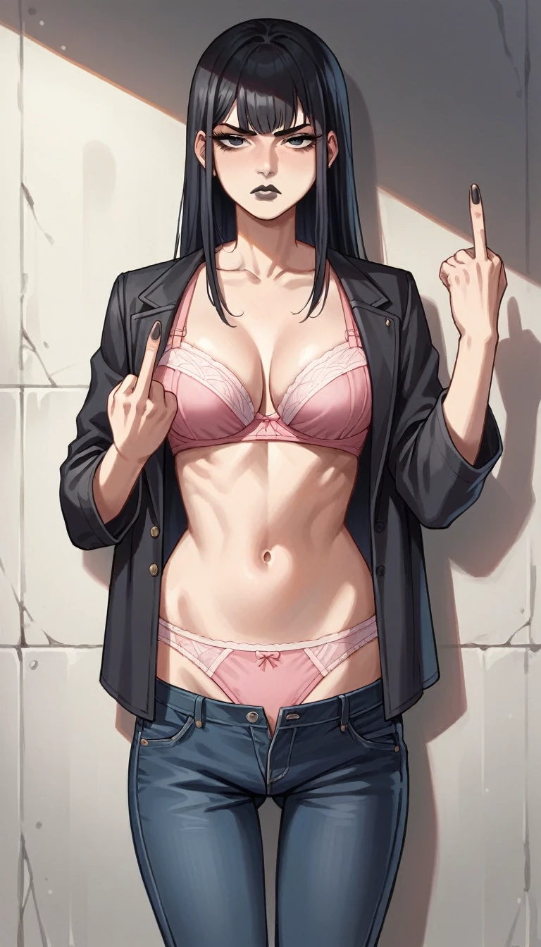 score_9, score_8_up, score_7_up, source_anime, rating_explicit, beautyful mature japanese woman, slim body, slender body, black jacket, lowered black jeans,big long fringe black hair, black lipstick, middle finger, pink bra, serious face, pink panties, supported in a wall