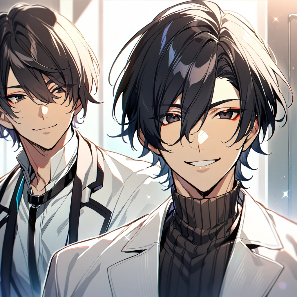 1boy, ikemen, black_hair, doctor, white coat, smile, looking at camera, black eyes, short hair
